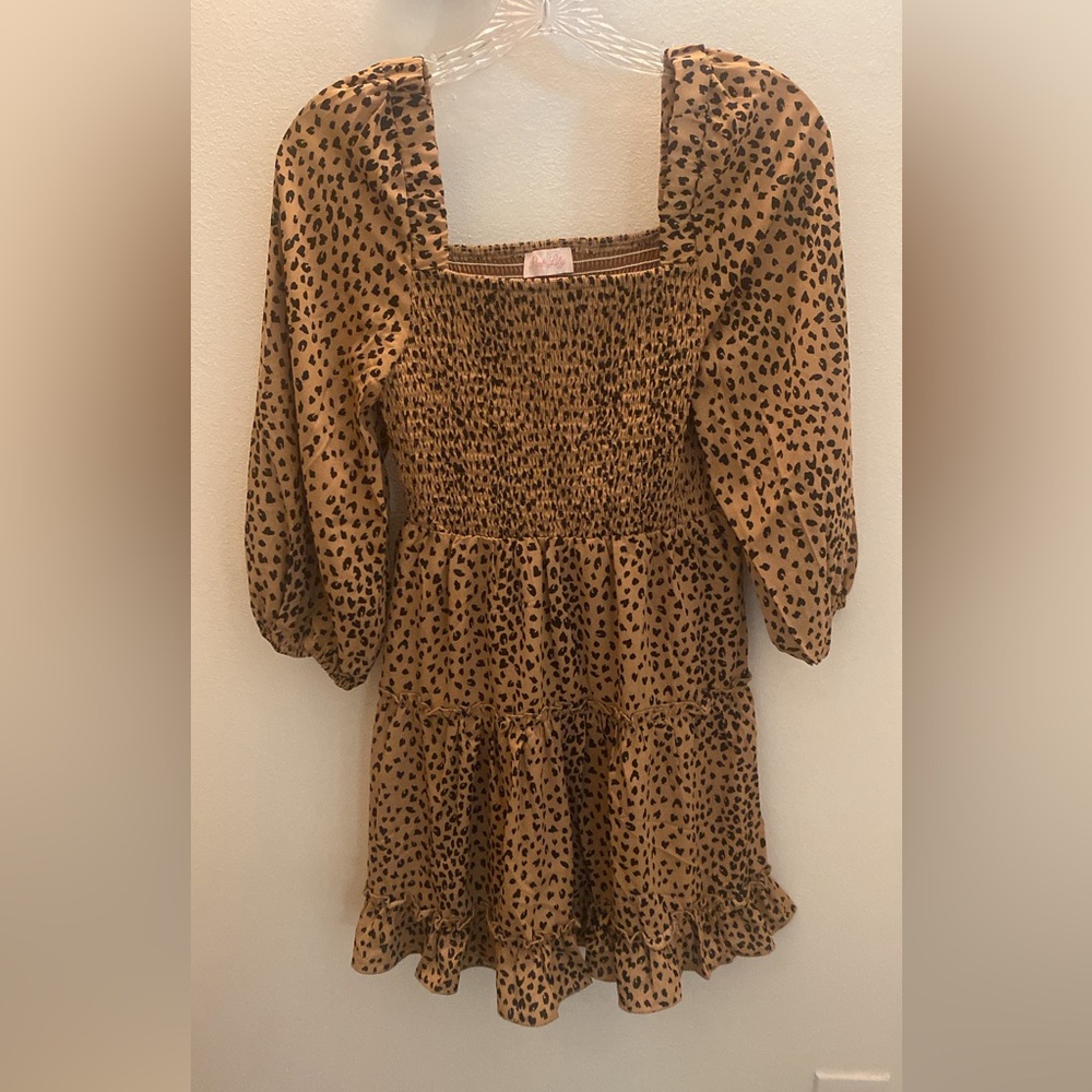 Pink Lily Cheetah Dress with Smocked Detailing & Quarter Length Sleeves